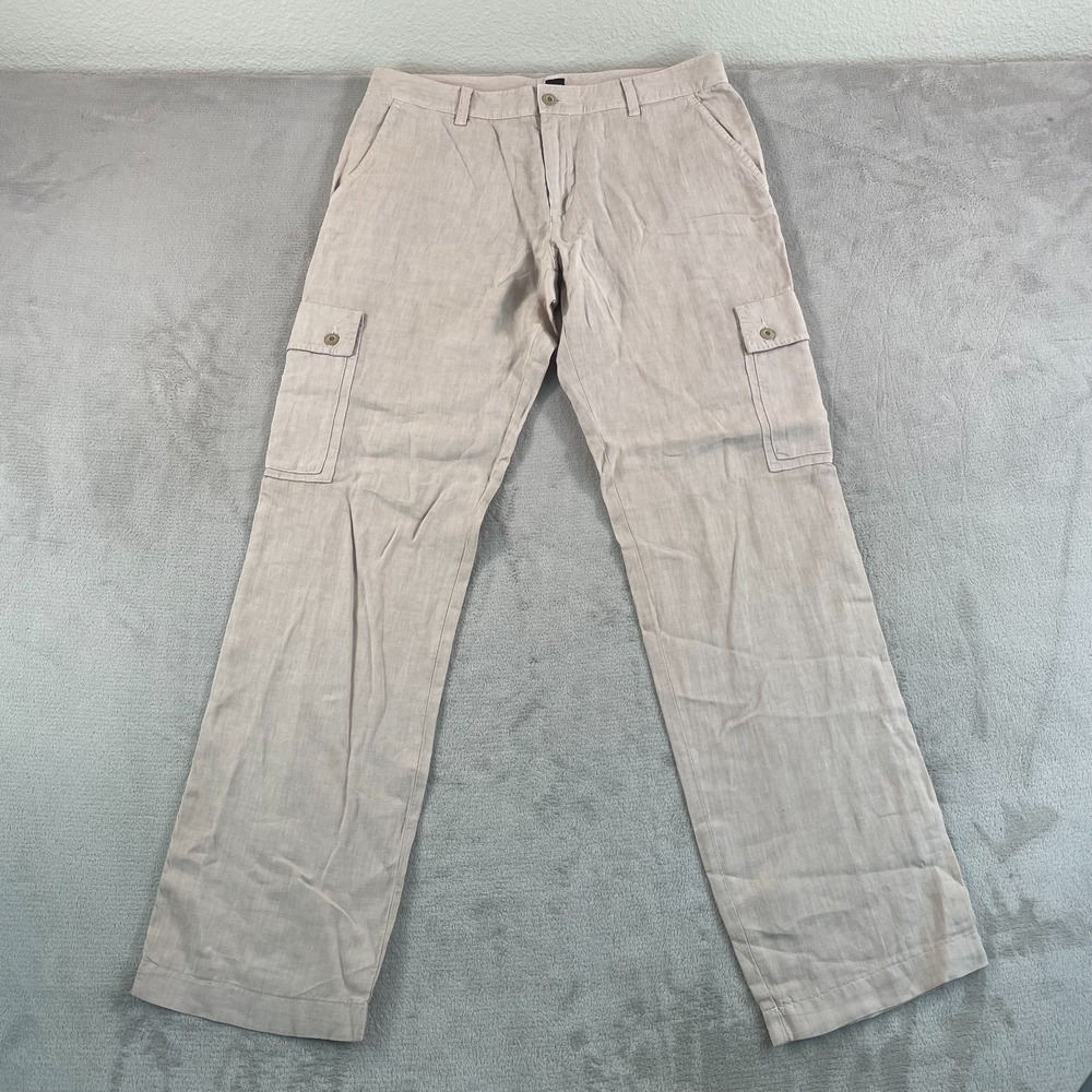 HUGO BOSS Bendo D Cargo Pants Men 34x35 (Tag 32) Beige 100% Linen Designer NWOT